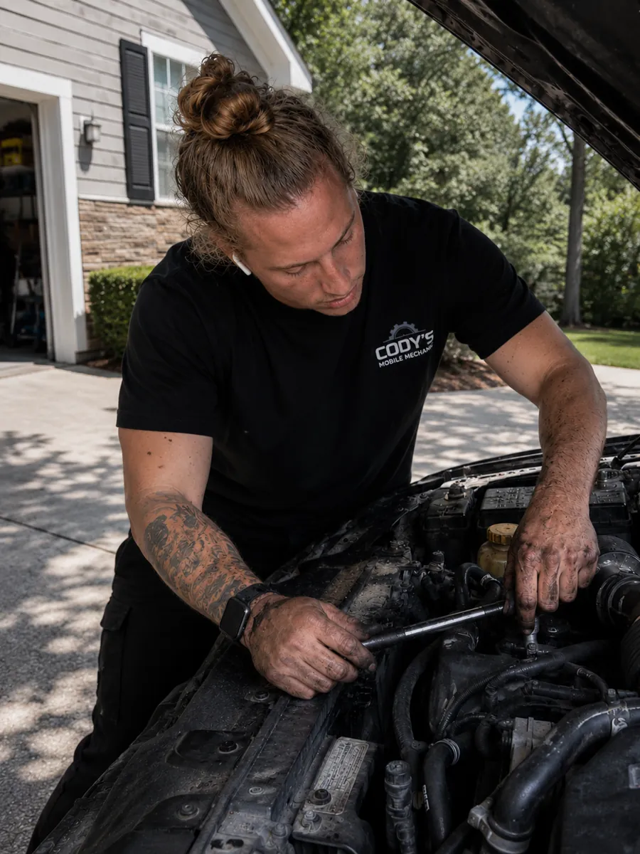 Cody of Cody's Mobile Mechanic repairing an engine in a customer's driveway